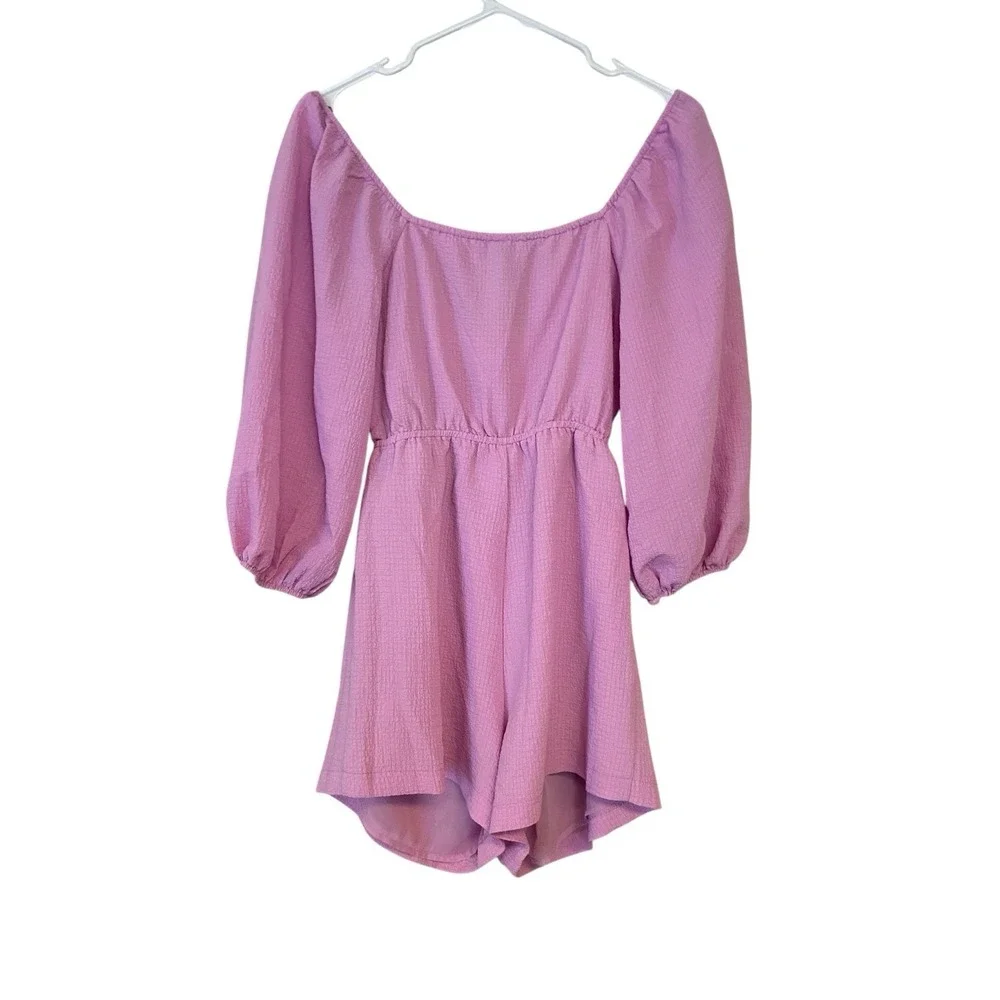 Forever 21 Romper With A Tie Front Cut‎ Out Waist Puff Sleeves Size S Purple NWT - Picture 3 of 10